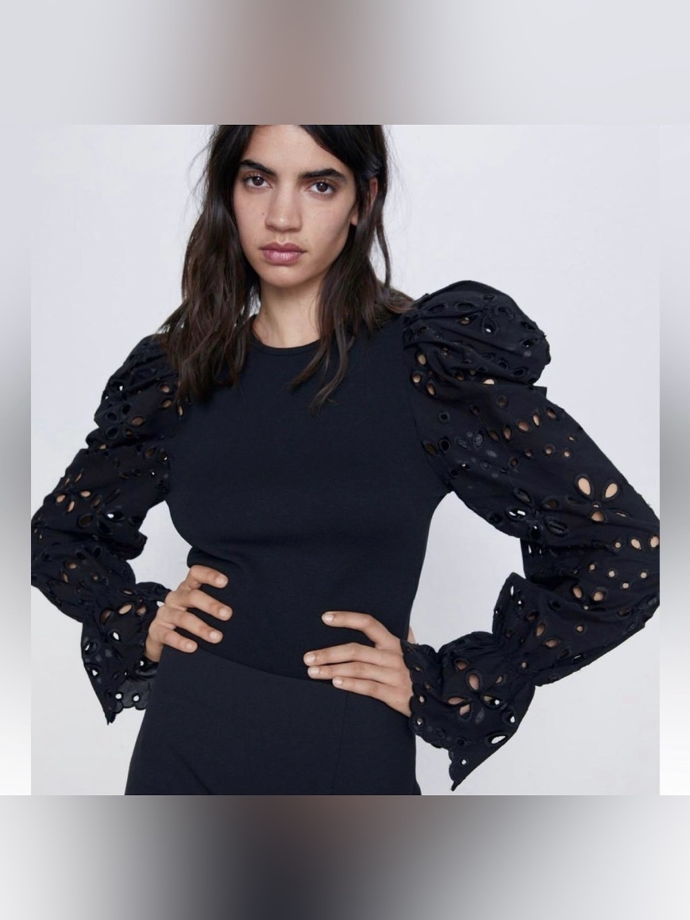 Zara Combination puffed eyelet Sleeve top black sz M whimsigoth dark romance